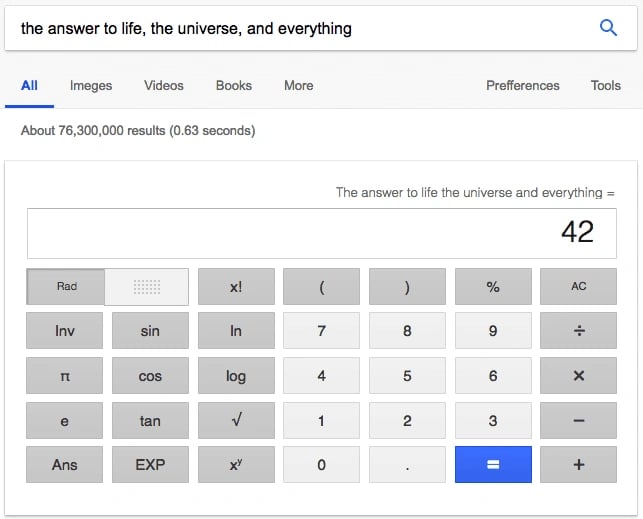 Google search result for 'the answer to life, the universe, and everything,' referencing The Hitchhiker's Guide to the Galaxy