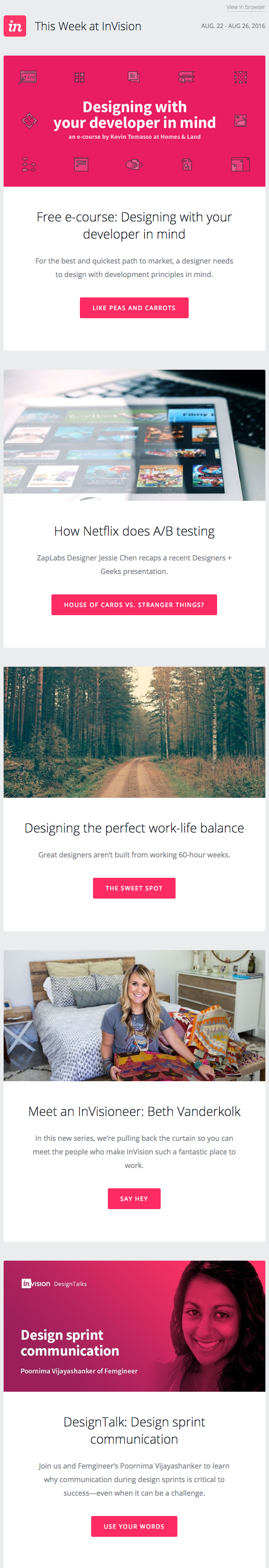 Email marketing campaign for the weekly blog newsletter of InVision