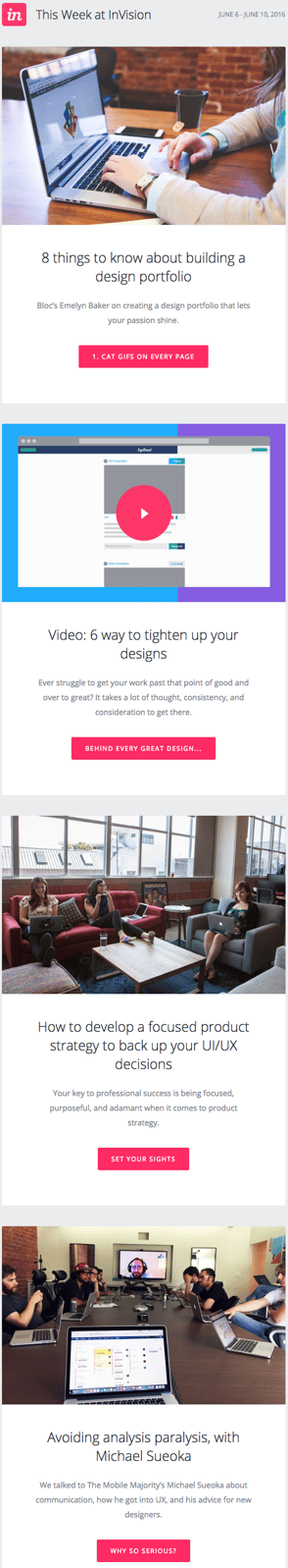 E-newsletter příklad design s blog příspěvky od InVision