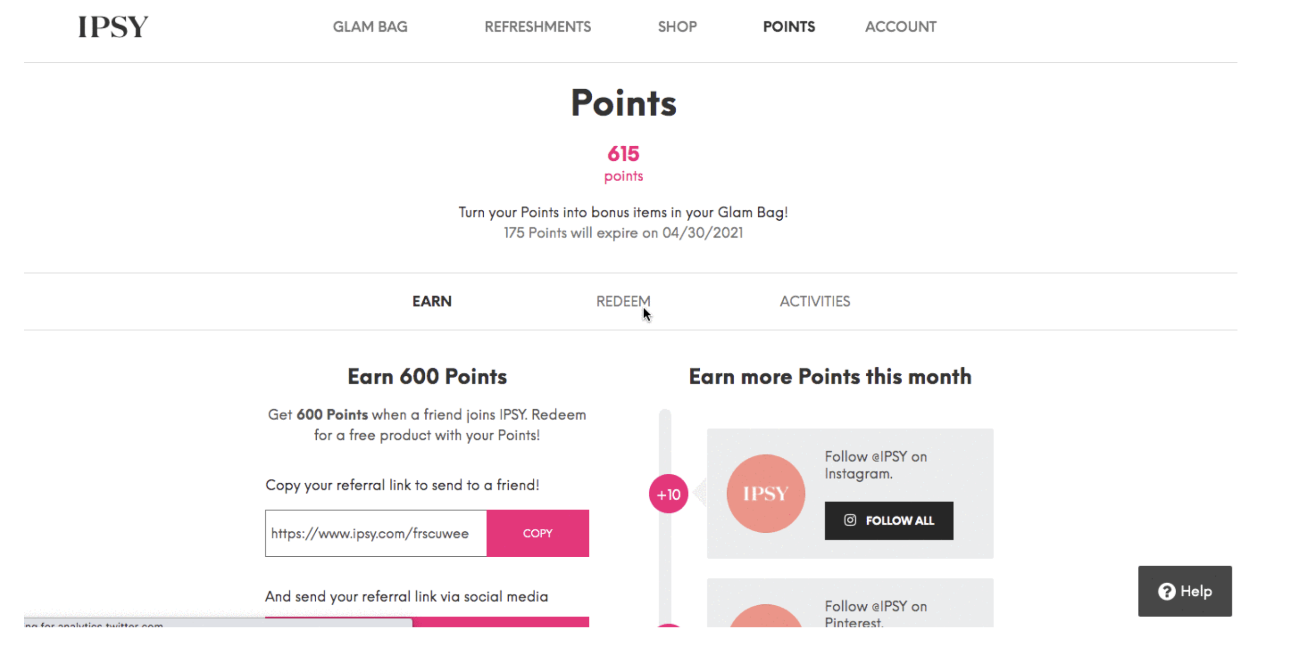 Screenshots of Ipsy's point system