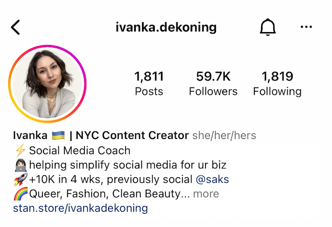 Short professional bio example of Ivanka Dekoning on Instagram 