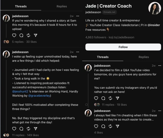 Screenshot of Jade Beason's posts connected Threads