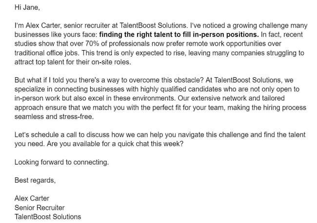 Outbound sales email applying the Problem Solver technique.