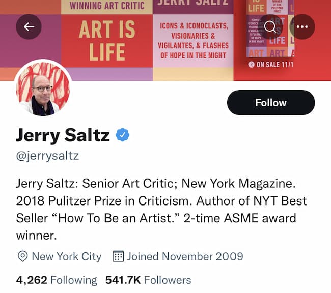 Short professional bio example from Jerry Saltz