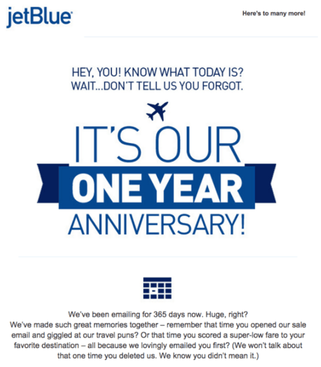 jetblue re-engagement email as an example of internet marketing