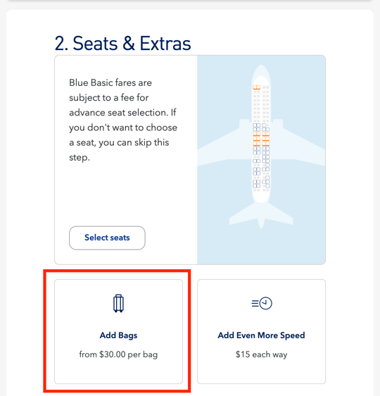 Example of optional product pricing: jetblue extra bag