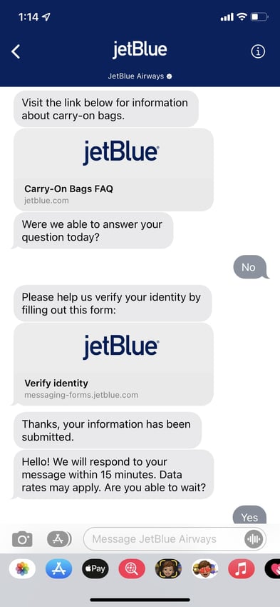 sms chatbot examples: jetblue airlines sms chatbot