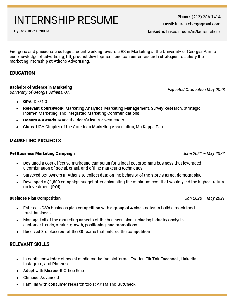 internship resume example best practices