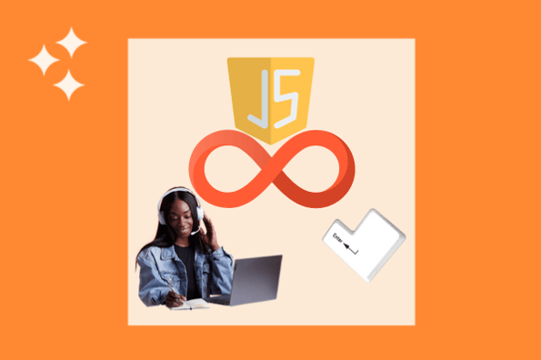 javascript while loop illustration with JavaScript logo and woman on computer