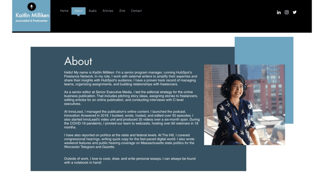About me website for marketers, Kaitlin Milliken 