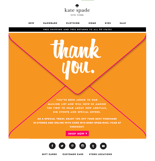 Kate Spade welcome email with orange envelope graphic saying thank you