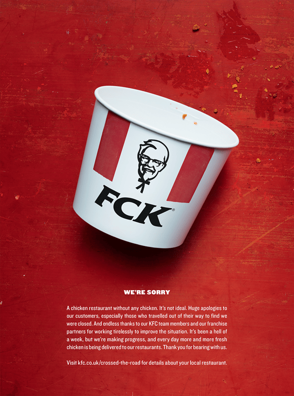 El anuncio impreso de KFC utiliza humor y humildad para disculparse con sus clientes.