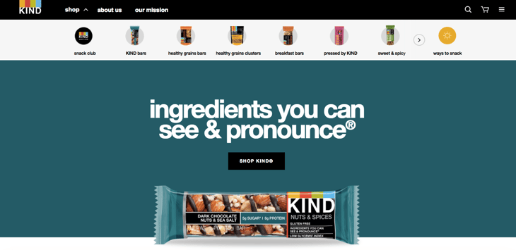 KIND Snacks homepage web design