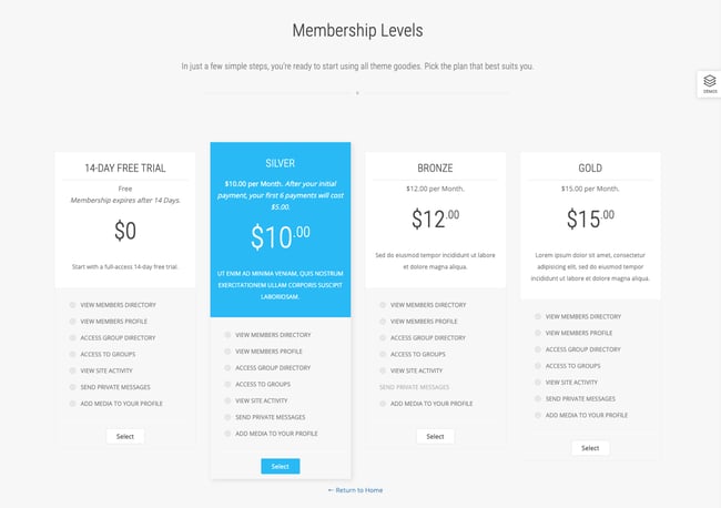 Pricing table demo in the KLEO WordPress membership theme
