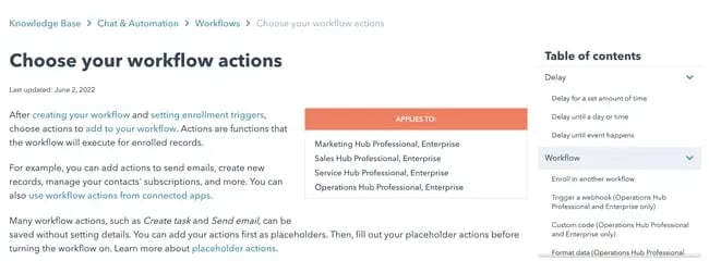 Knowledge base example: HubSpot table of contents