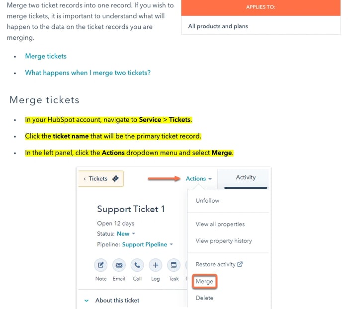 HubSpot Knowledge - Merge Tickets