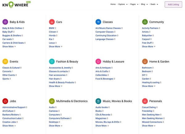 sample knowhere pro homepage displaying all classified listings categories