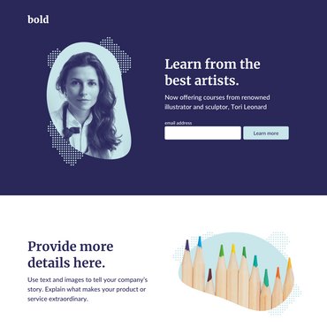 example landing page template in bold with placeholder text and images