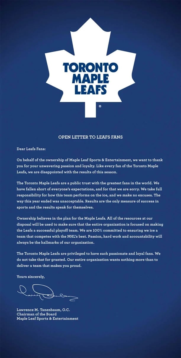 leafs open letter