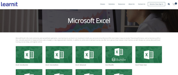 learnit's website featuring their excel courses