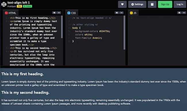 HTML align left text CodePen example