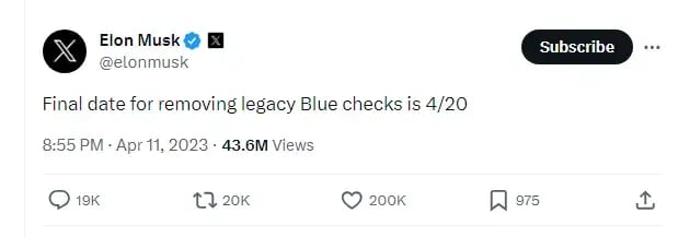 Elon Musk’s post about removing Blue checks