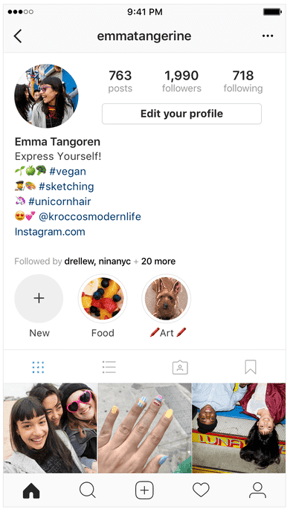 Screen showing an Instagram bio with hashtags, a profile handle, and a website link