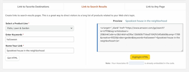 Affiliate link for Amazon example: Link to Search Results tab