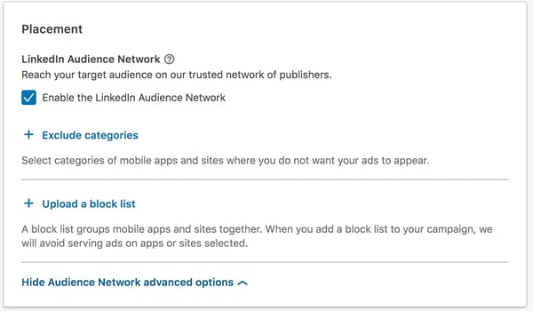 Choose your LinkedIn ad placement: linkedin audience network
