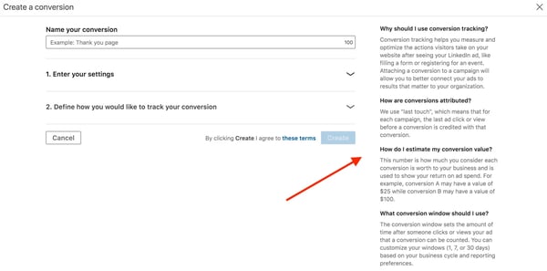 linkedin advertizing create conversion and understand conversions pinch nan conversion search feature