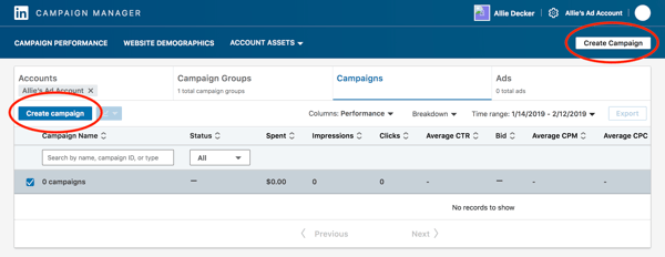 start setting up your campaign in linkedin's ad campaign manager