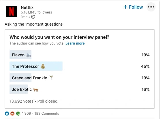 Netflix engaging their community on LinkedIn. 