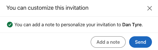 Prompt to customize a LinkedIn invitation with a note