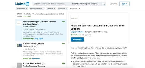LinkedIn's job board, which you can use to filter by experience, job type, and company.