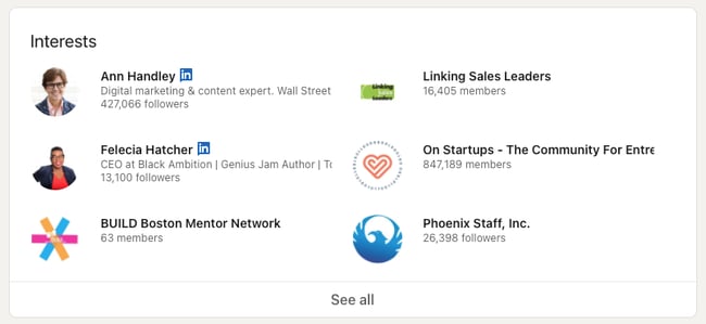 Interests section on a LinkedIn profile