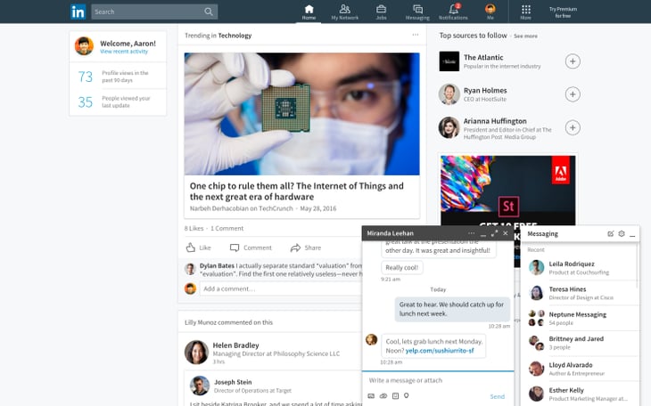 Linkedin chat-like messaging from the newsfeed
