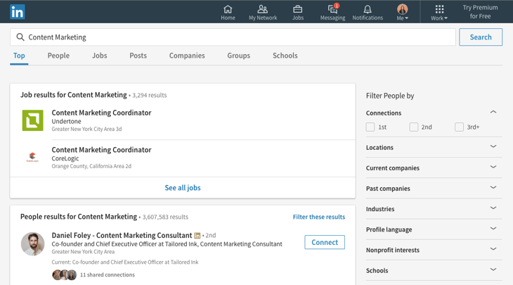 linkedin search for content marketing