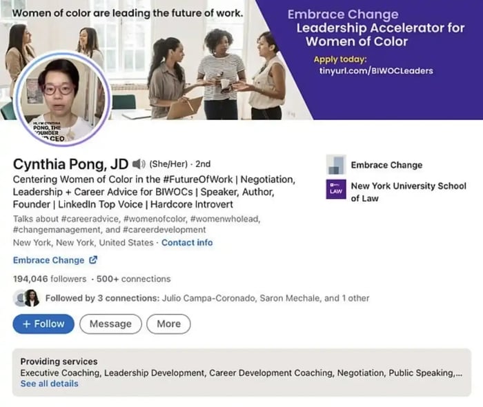 LinkedIn summary example: Cynthia Pong