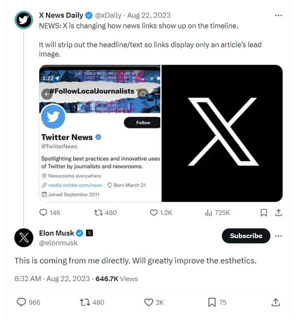 X changes how news links show up on the timeline