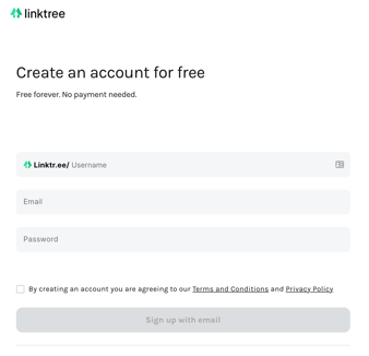 linktree account creation page