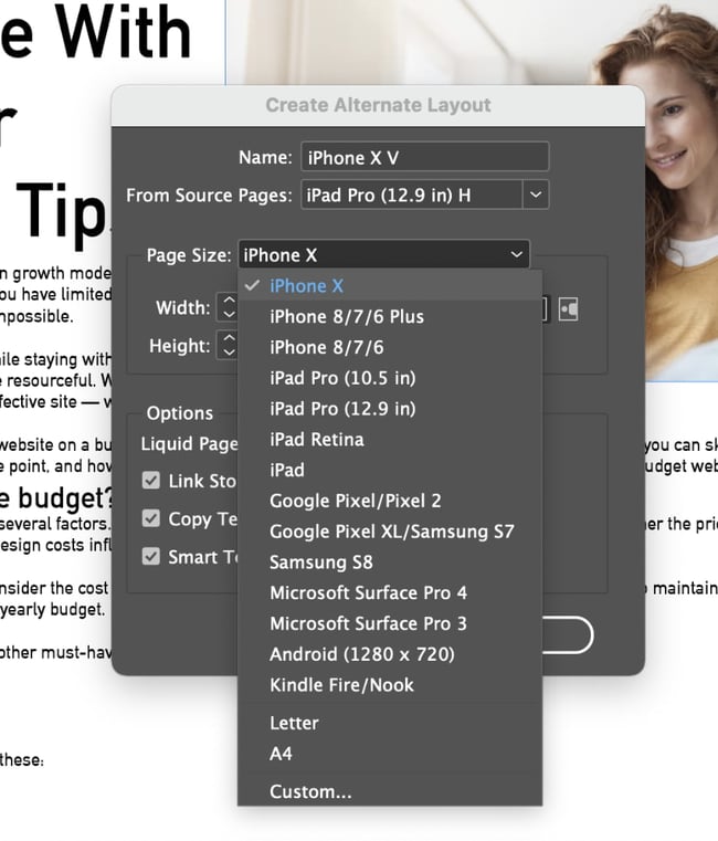 Liquid layout: shows the alternate layout menu allowing you to select alternate layout size. 