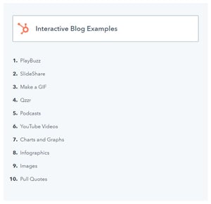  exempel på ett listicle-blogginlägg med titeln på listan " interaktiva blogginläggsexempel "och listobjekt under den