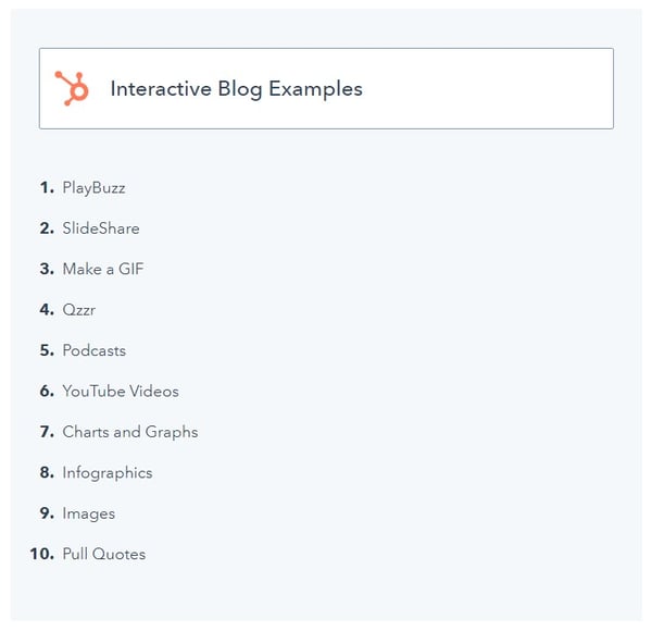example of a listicle blog post with the title of the list "interactive blog post examples" and list items beneath it