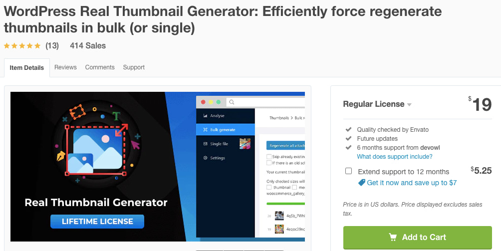 listing page of WordPress Real Thumbnail Generator plugin 