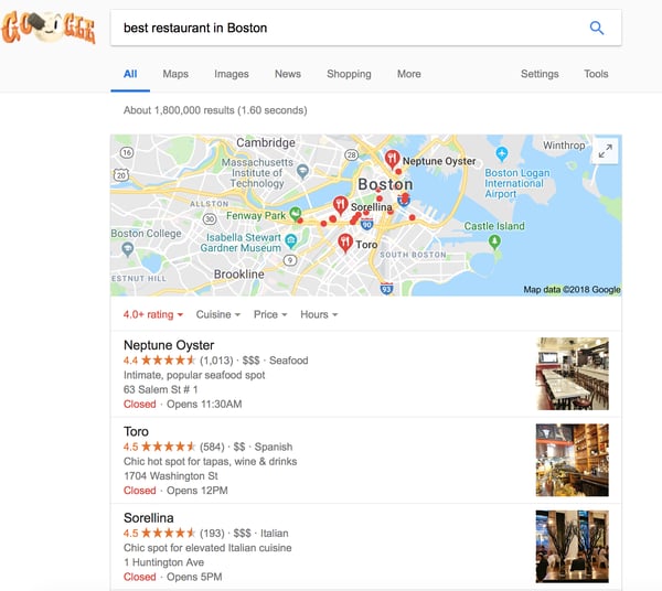 به عنوان مثال صفحه نتایج گوگل بهترین رستوران ها در بوستون