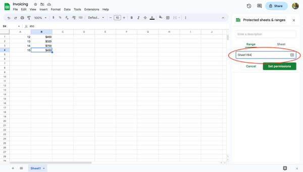 Google sheets protected cells, step 5: choose which cells to lock.