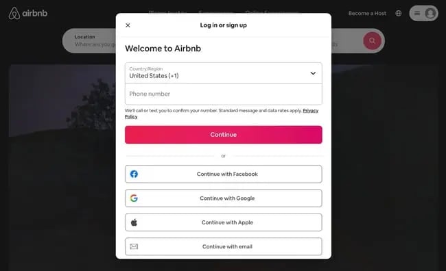 login screen example: airbnb