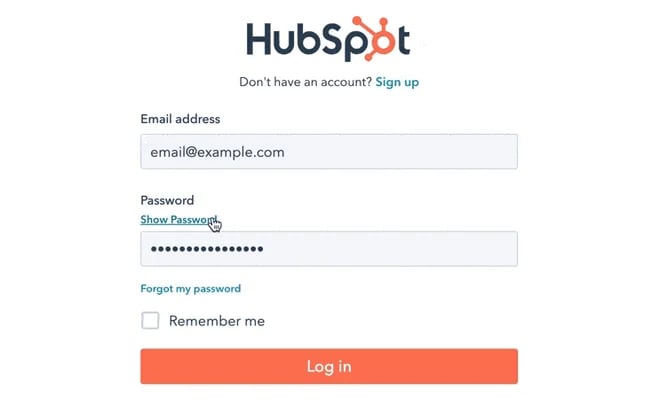 login screen example: hubspot