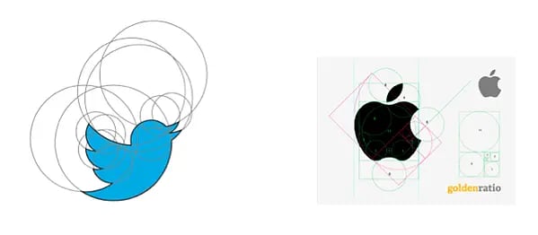 the twitter and apple logos dissected with concentric circles and the golden ratio, showing good design
