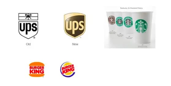 before and after logo versions for ups, burger king, and starbucks